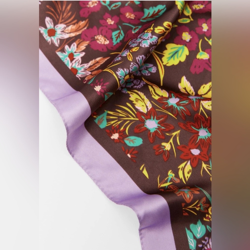 Zara Floral Satin Effect Scarf - Purple and Brown Floral - Picture 3 of 8